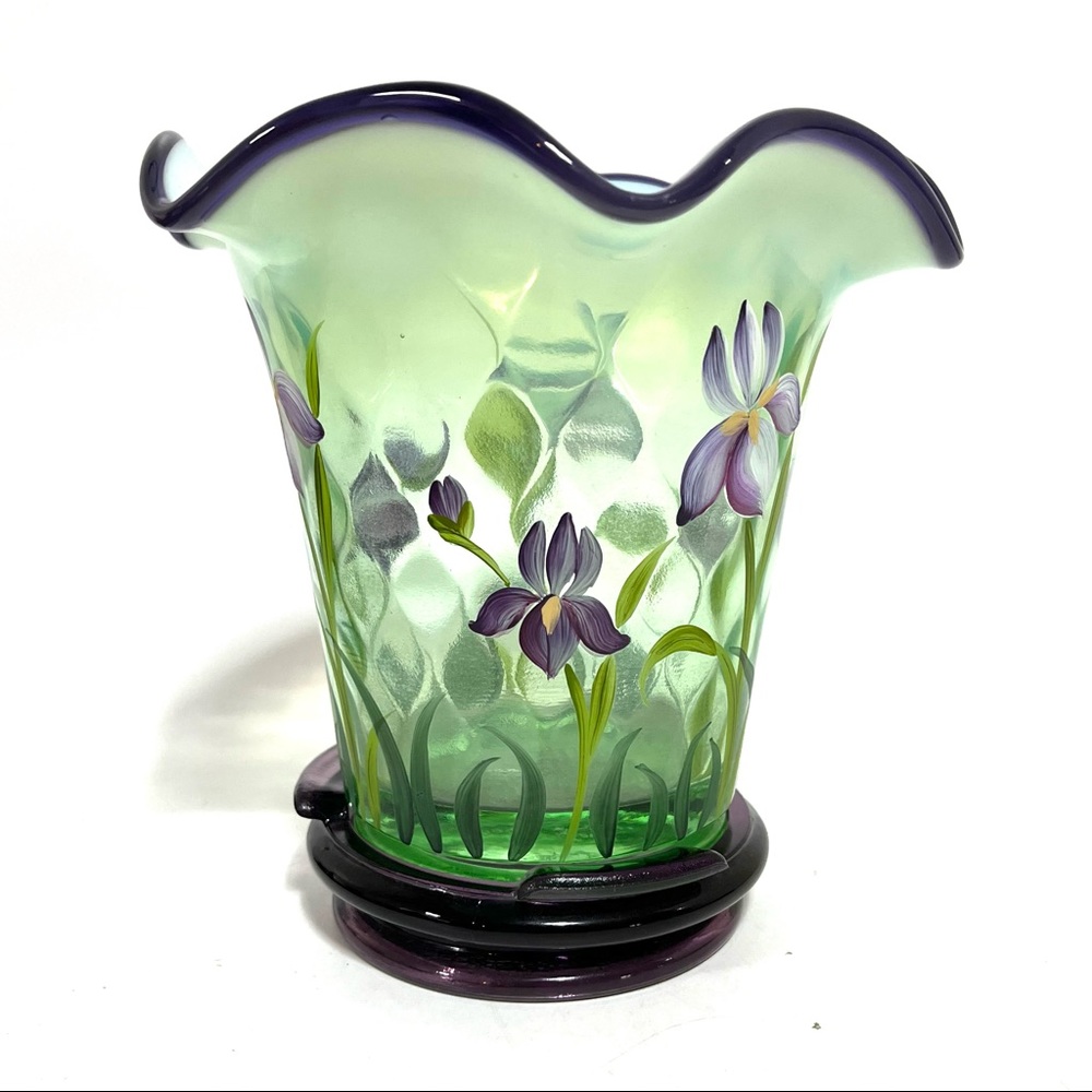 Fenton Desisgner Showcase Series Hand Painted Green Purple Vase Triple Signed - Picture 3 of 17